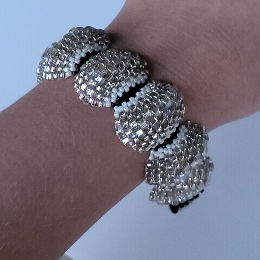 Beaded Handmade Bubble Bracelet Black White and Silver 925 Butterfly Clasp 7.5"